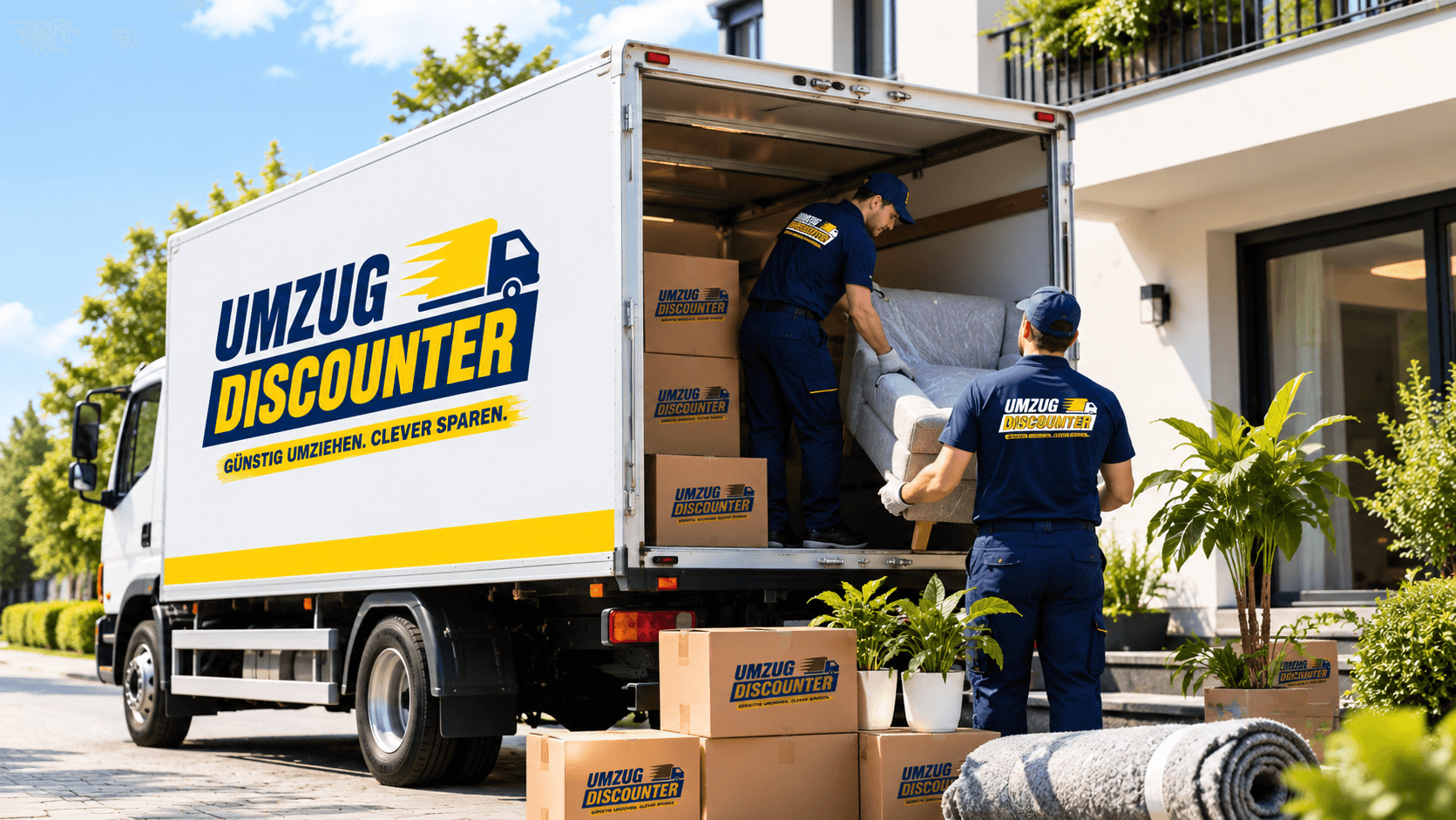 Gelb-blauer Umzugs-LKW und Tragehelfer beim Beladen vor einem Haus